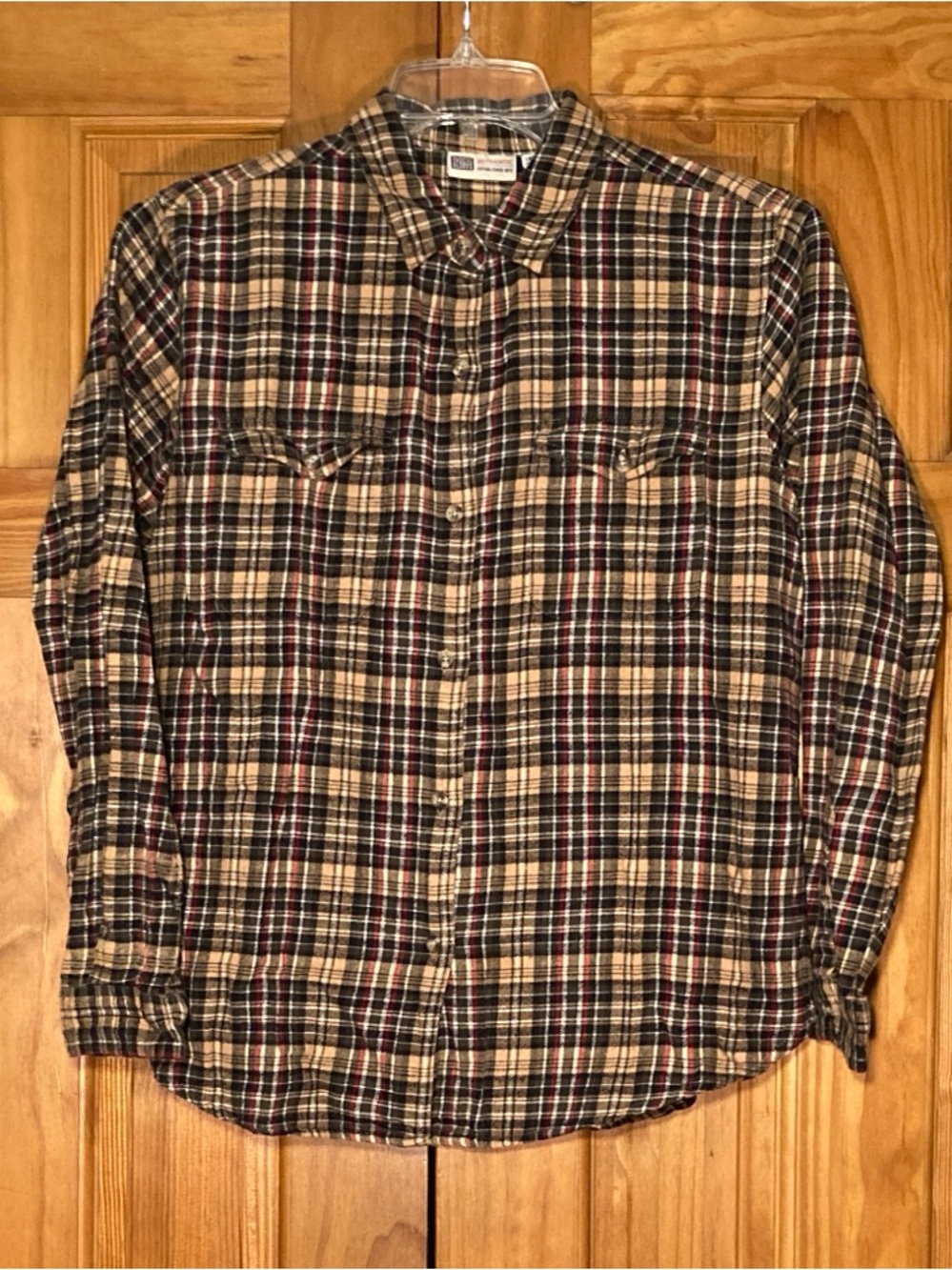 NWOT Faded Glory Vintage 90s Top Flannel Long Sleeve Blouse Black Tan L Large